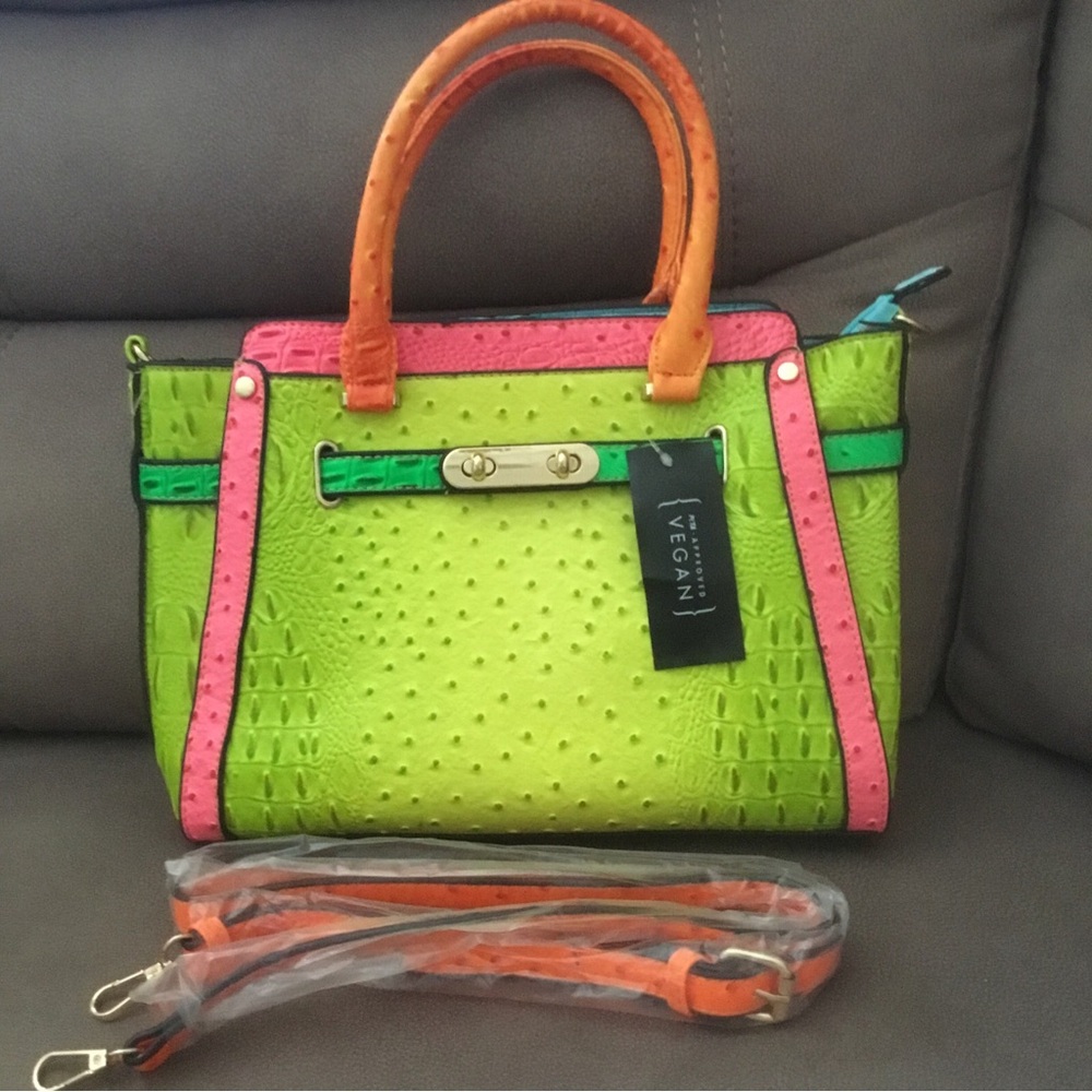 Color Block Faux Ostrich Embossed Satchel Crossbody Bag Green Pink Orange NEW
